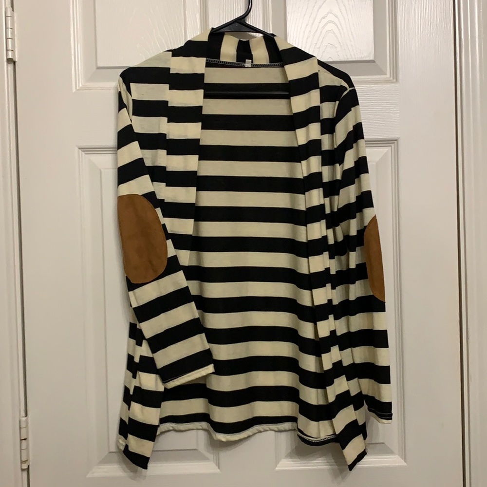 Cream and black striped cardigan with brown elbow patches
